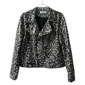 Crazy Train Size XL Gray & Black Leopard Print Faux Leather Studded Moto Jacket